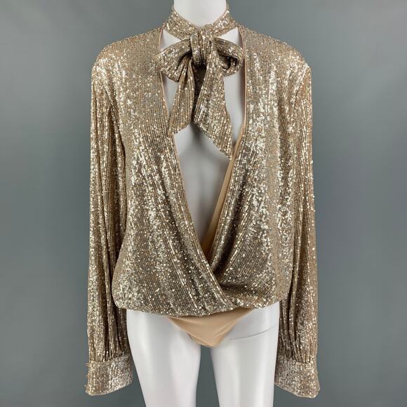 JONATHAN SIMKHAI Size L Champagne Polyester Sequined Bodysuit Shirt - Picture 1 of 1